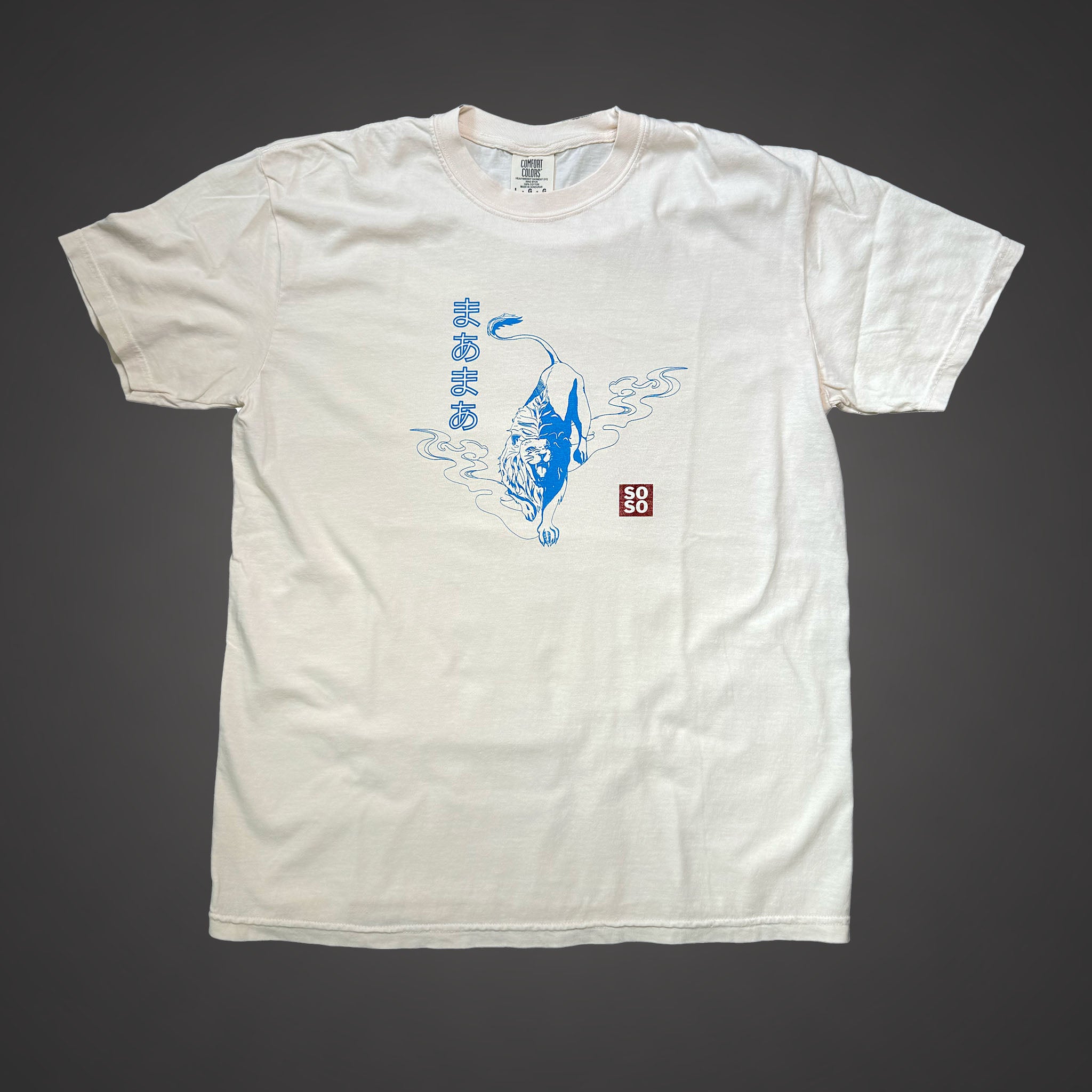 Ivory shirt with blue and red lion design